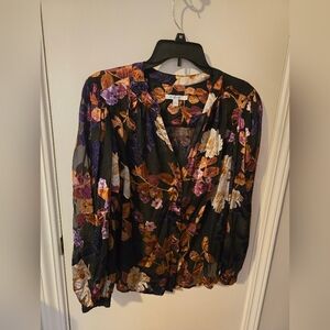 Chico's Black and Purple Sheer Burnout Button Up Blouse